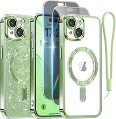 Candy Magnetic Case for iPhone 15 Plus 6.7″, Glitter Card & Wrist Strap, Green