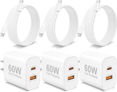 3-Pack 60W Super Fast Dual Port USB-C Wall Charger for iPhone 17/17 Pro Max 6FT