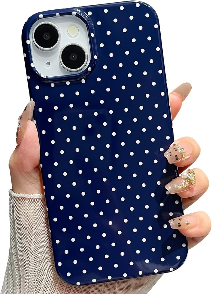 Navy Blue Shockproof Cover for iPhone 14 – Slim Polka Dot Trendy Case
