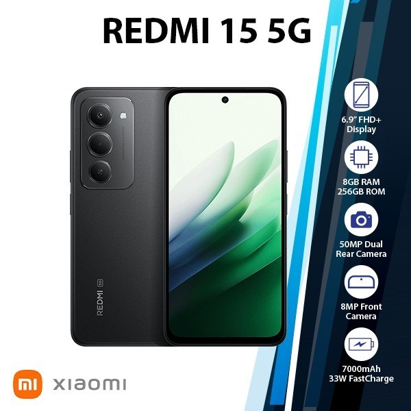 Xiaomi Redmi 15 5G Android Cell Phone (BLACK/8GB+256GB/Dual SIM/Unlocked)
