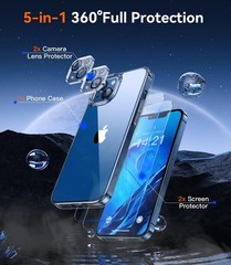 5 in 1 for iPhone 14 Case Crystal Clear with 2X Screen Protector + 2X Camera Len