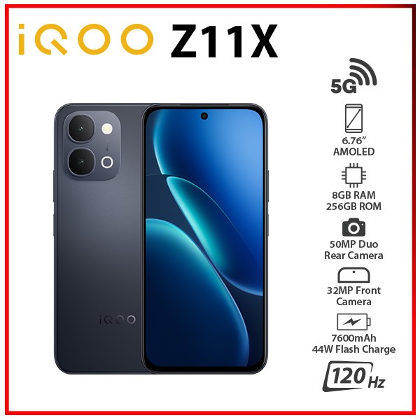 (New) iQOO Z11x 5G 8GB+256GB BLACK Dual SIM Unlocked Android Cell Phone