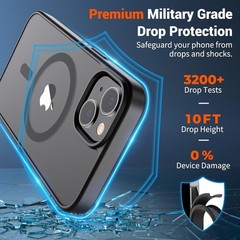 Translucent Matte Shockproof Magnetic Case for iPhone 14 & 13, Black, Military G