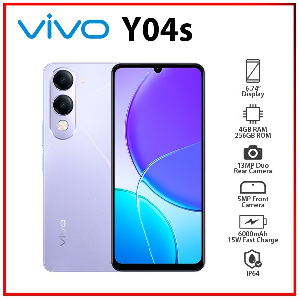 VIVO Y04s 4GB+256GB VIOLET Dual SIM Octa Core Unlocked Android Cell Phone