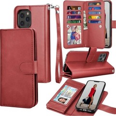 For Apple iPhone 12Pro Max Wallet Case,Card Slots Full Leather Cover Wine Red