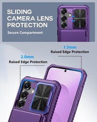 Dark Purple Case for Samsung Galaxy S25, Slide Camera Cover & Card Holder Built-