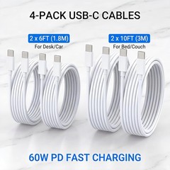 4-Pack 60W USB-C Fast Charger for iPhone 17, 17 Pro, 17 Pro Max, 6ft, 10ft