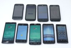 Lot of 9 Various Smaller Sized Smartphones – For Parts – Moto / HTC / LG