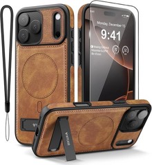 Magnetic for iPhone 17 Pro Max Leather Case, Built-in Invisible Stand, Brown