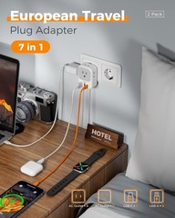USB C Adapter 2 Pack, 4 Outlets European Plug, US to Europe Charger with 3 USB P