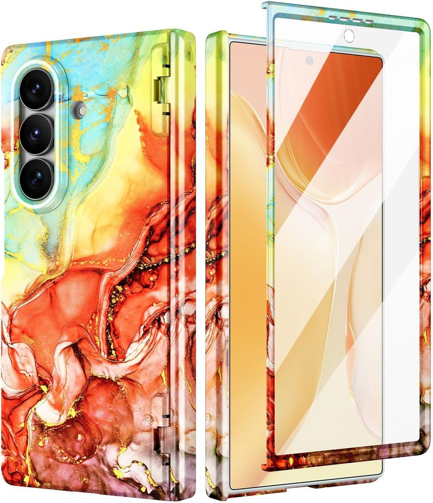Gold Glitter Marble Pattern Slim Hard PC Case for Samsung Galaxy Z Fold 7, Orang