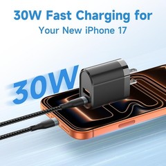 30W USB-C Fast Charger Block for iPhone 17, 16, with 6.6FT Braided Cable