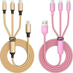 USB A + USB C Multi Charging Cable 4ft 2Pack 3 in 1 Charger Cord for Cell Phones
