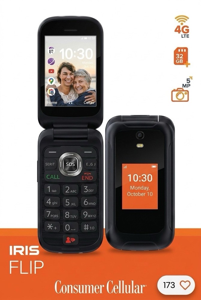 Consumer Cellular IRIS FLIP 4G LTE Flip Phone 32GB Black 5MP Camera