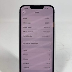 Broken Unlocked Apple iPhone 14 128GB 26.3.1 MPUX3LL/A Read