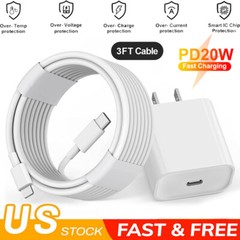 20W PD Fast Charger Wall Adapter 3FT USB-C Cable Changing for iphone 11 12 13 H