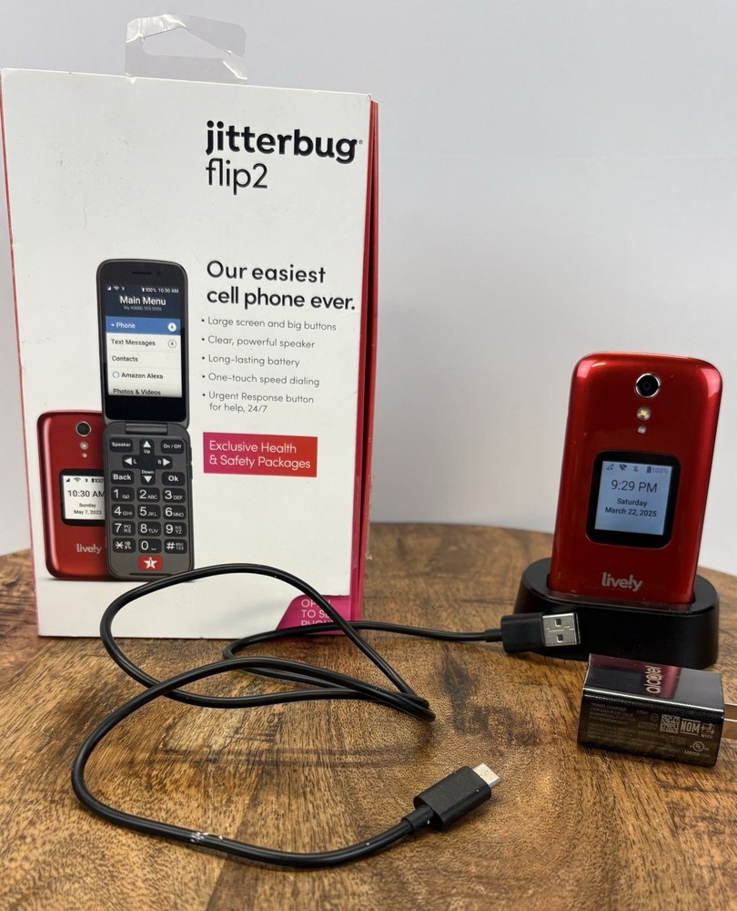 Jitterbug Lively Red Flip 2 Cell Phone with Cord For Seniors