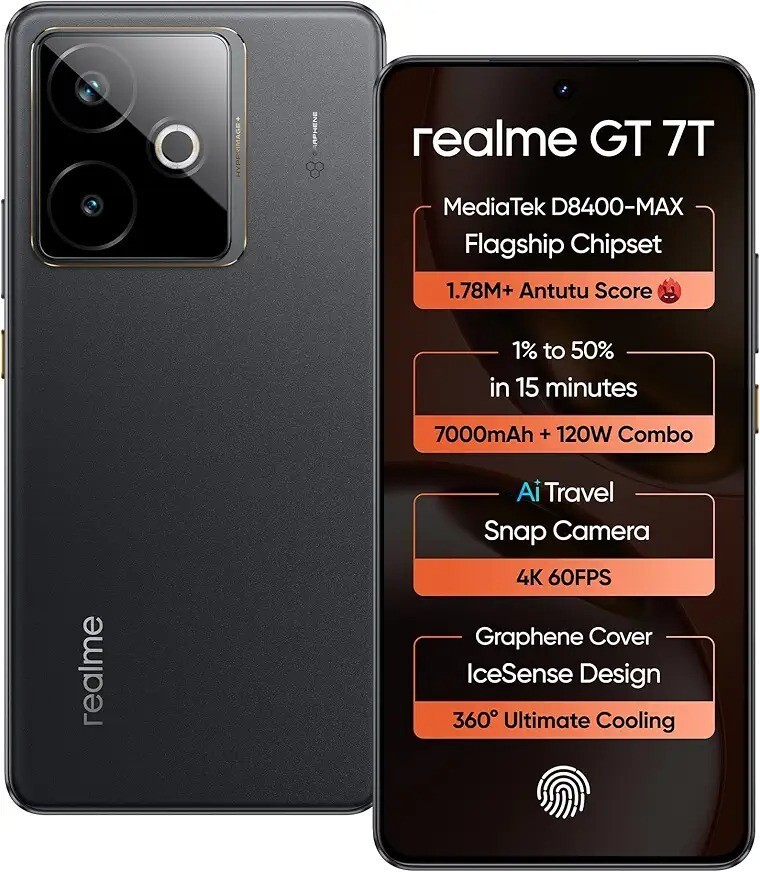 realme GT 7T (IceSense Black,12GB+512GB) | MediaTek D8400 MAX | Stronges
