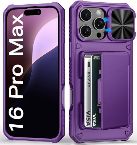for iPhone 16 Pro Max Wallet Case with Camera Cover & Card Holder, Dark Purple