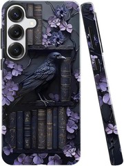 Case for Samsung Galaxy S26 Plus, Purple Floral Crow Bookshelf Phone Case 2 in 1